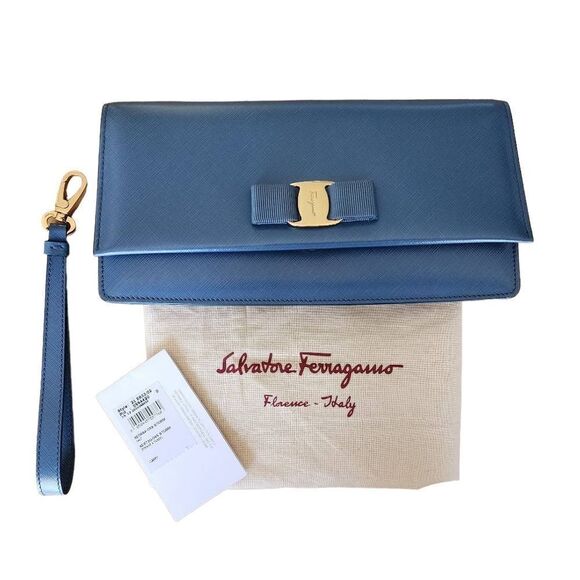 Salvatore Ferragamo Blue Vara Bow Clutch - Picture 1 of 16